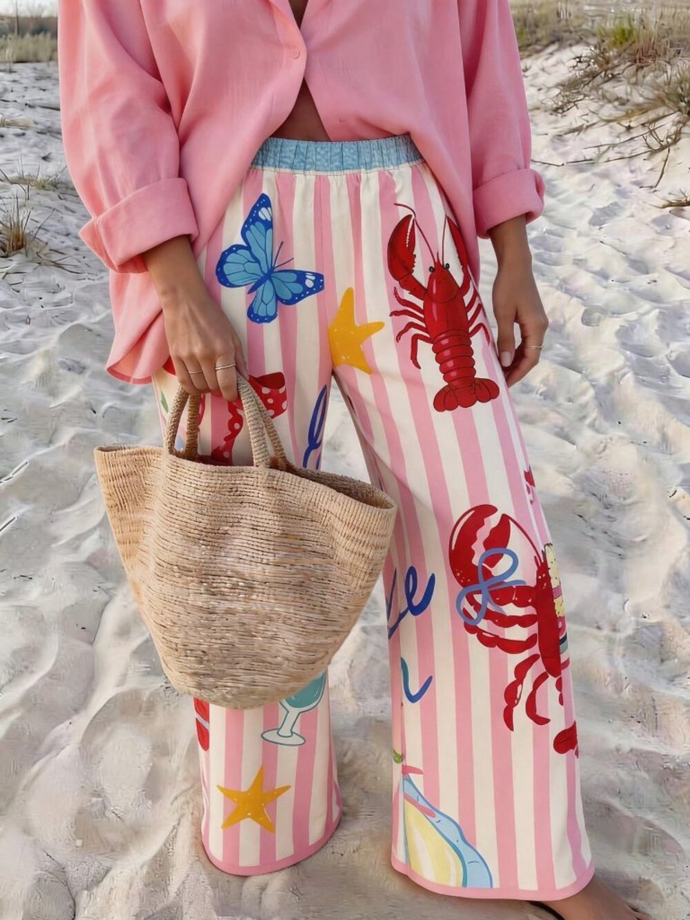 Pink Boho Women's Casual Vacation Style Striped Lobster Print Loose Pants - Picture 5 of 5
